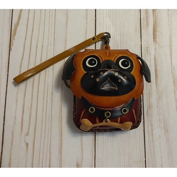 Hand Made Embossed Leather Brown Dog Coin Purse Bull Dog Lover Bone Wristlet - Picture 2 of 16